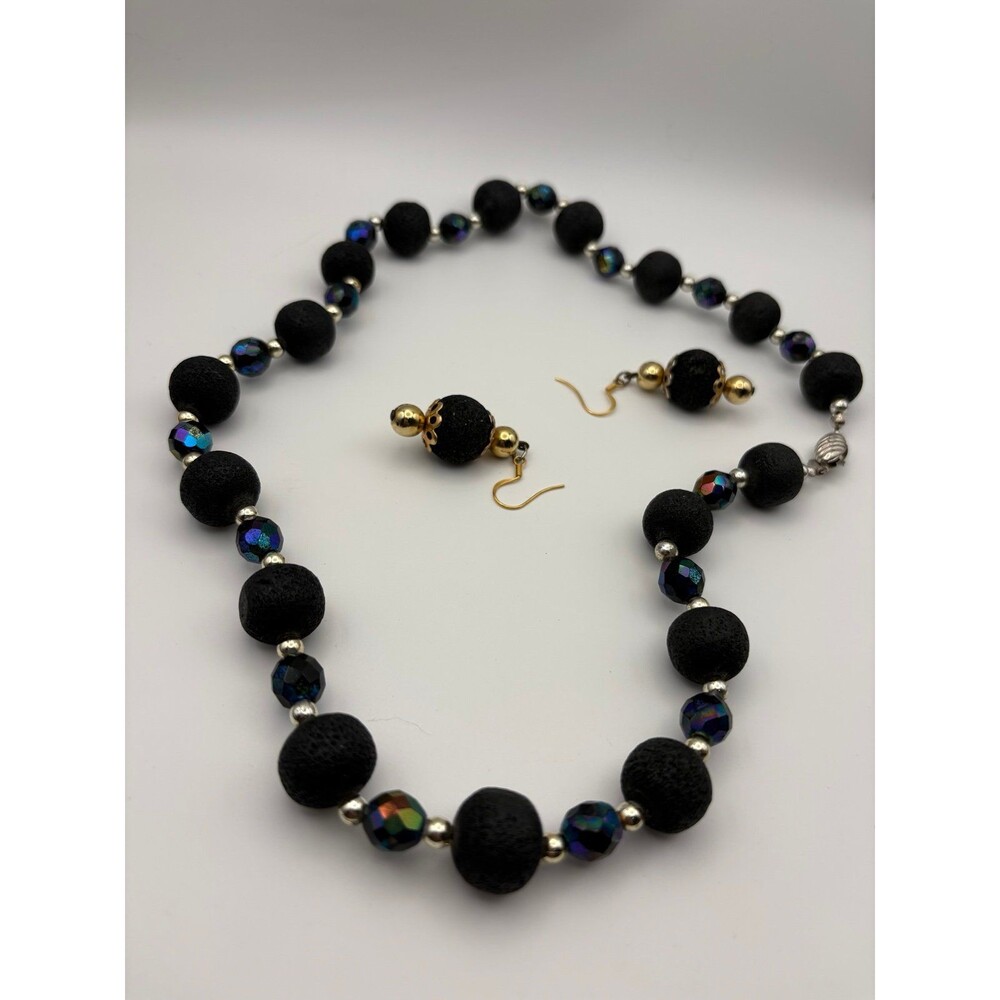 Black Lava Bead Necklace and Earring Set